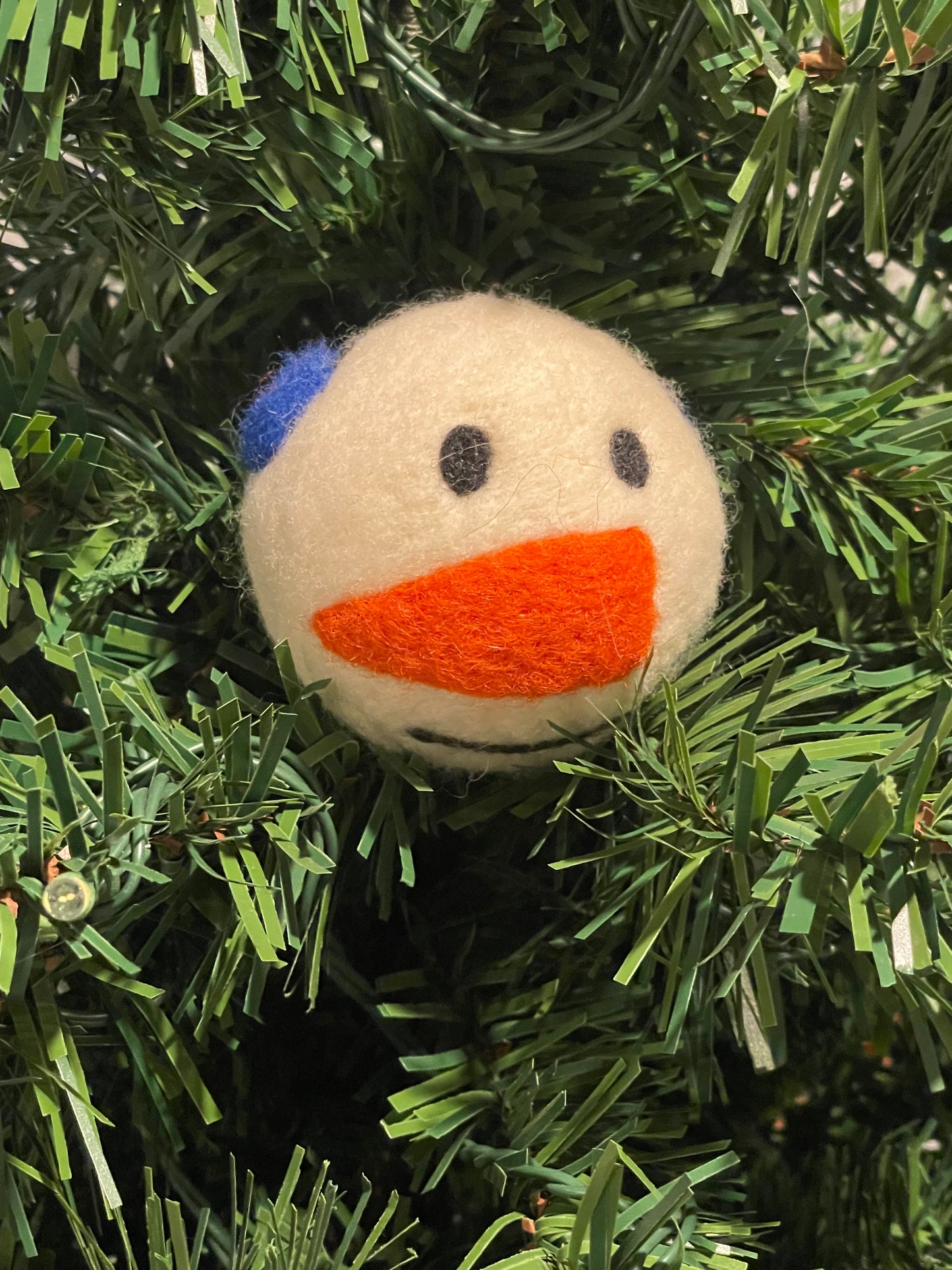Needle Felted Christmas Ornament Snow Person with Royal Blue Ear Muffs