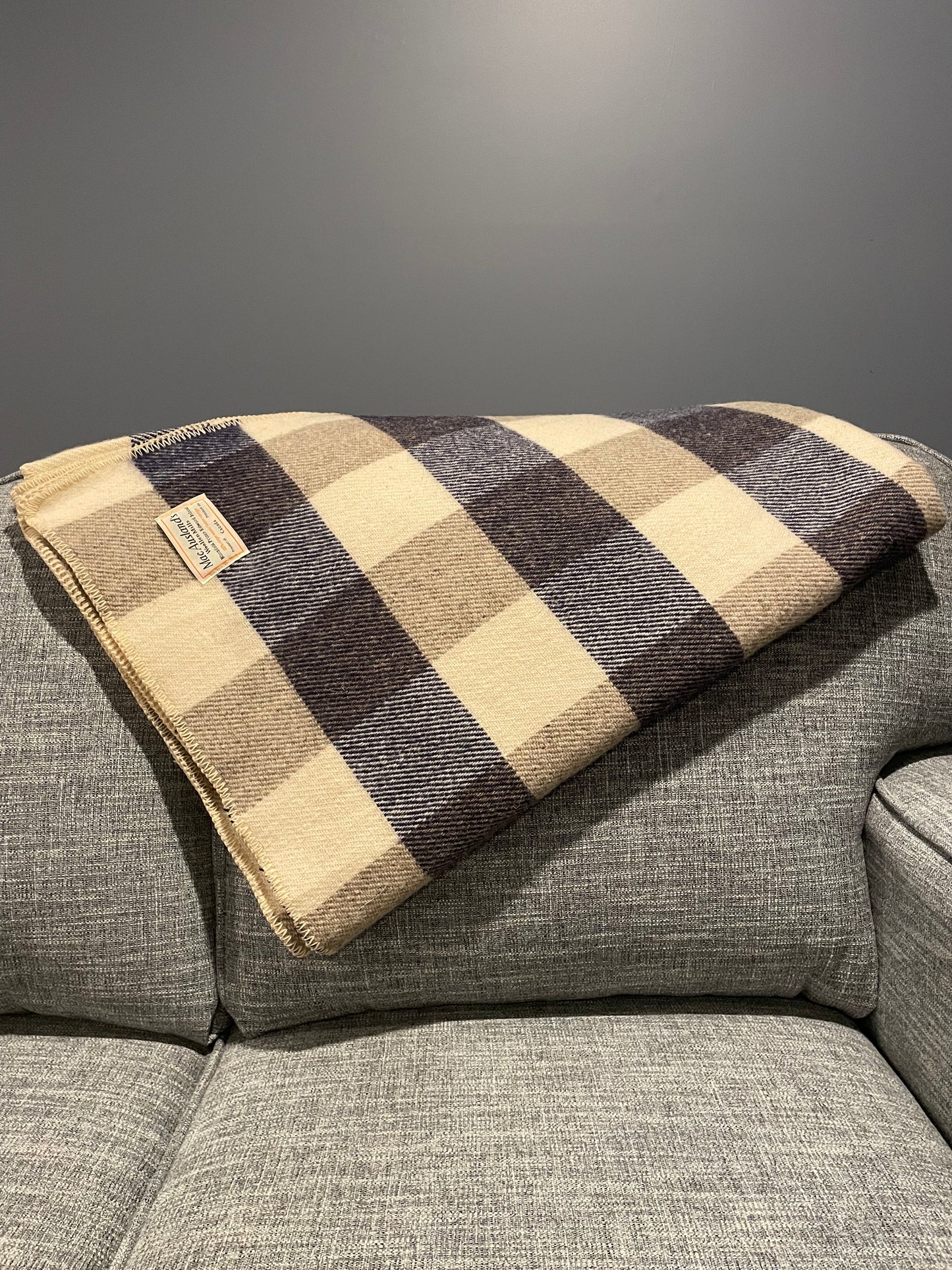 Navy Blue and Natural Checkerboard Wool Blanket