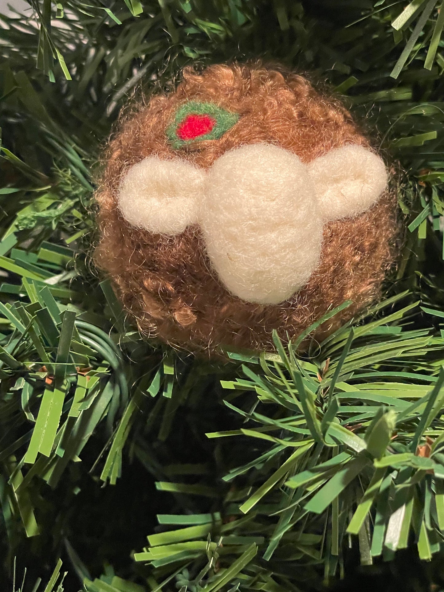 Needle Felted Christmas Ornament Brown Lamb with Holly