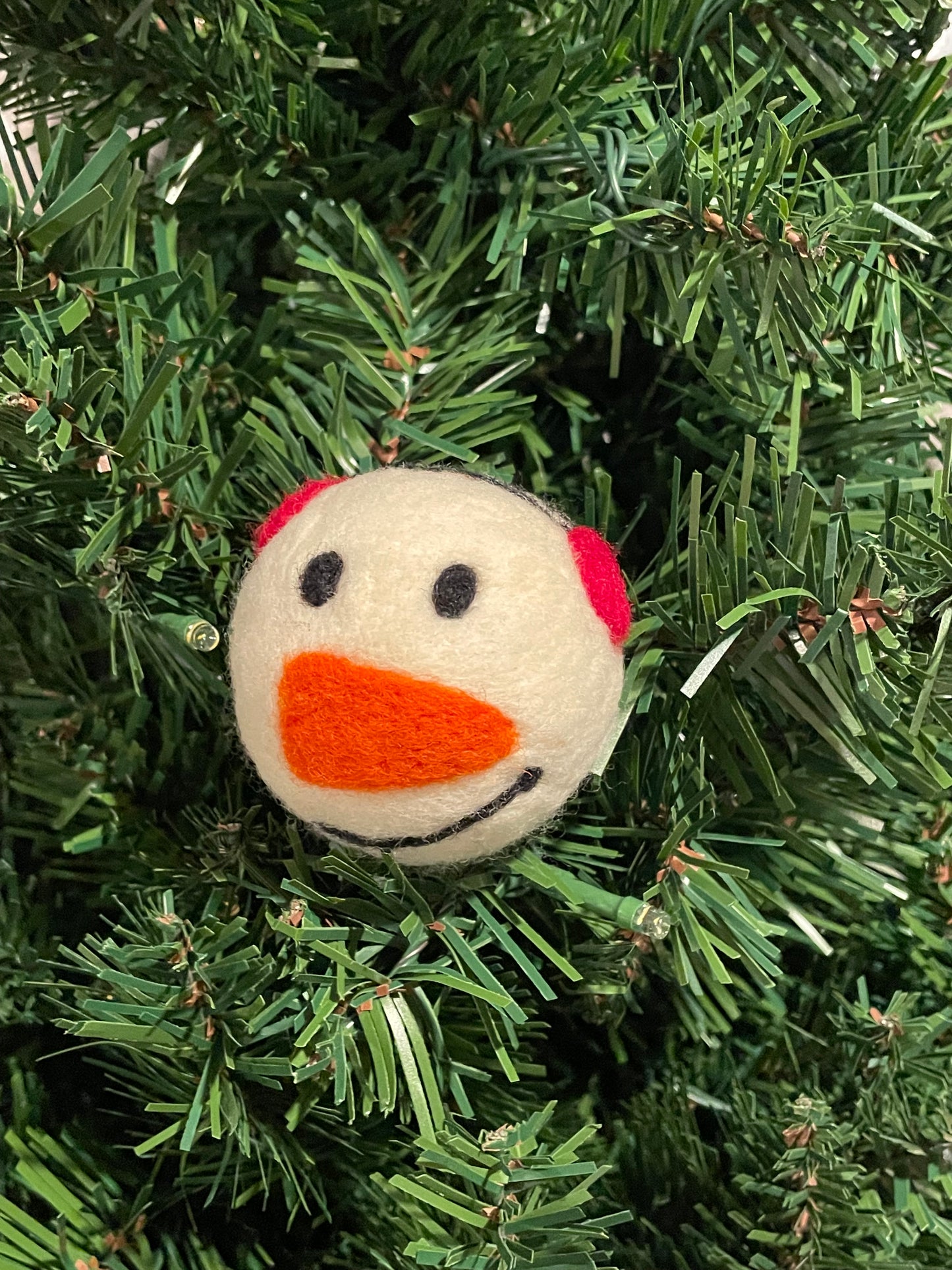 Needle Felted Christmas Ornament Snow Person with Red Ear Muffs