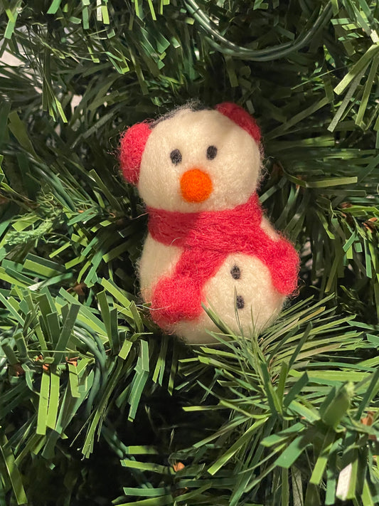 Needle Felted Christmas Ornament Snow Person with Fuchsia Ear Muffs and Scarf