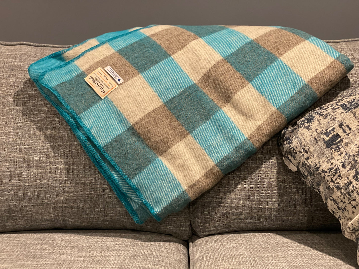 Teal and Grey Checkerboard Wool Blanket
