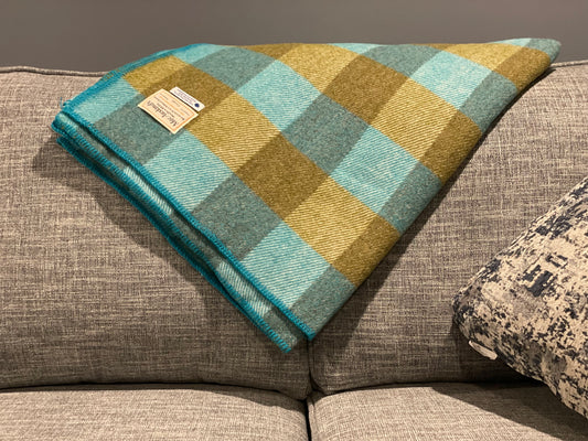 Teal and Olive Checkerboard Wool Blanket