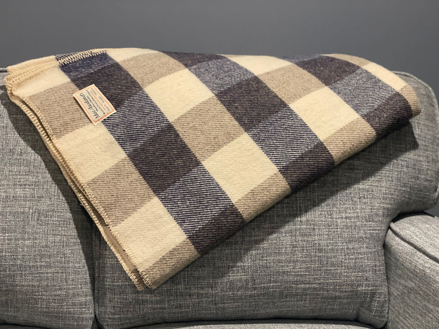 Navy Blue and Natural Checkerboard Wool Blanket