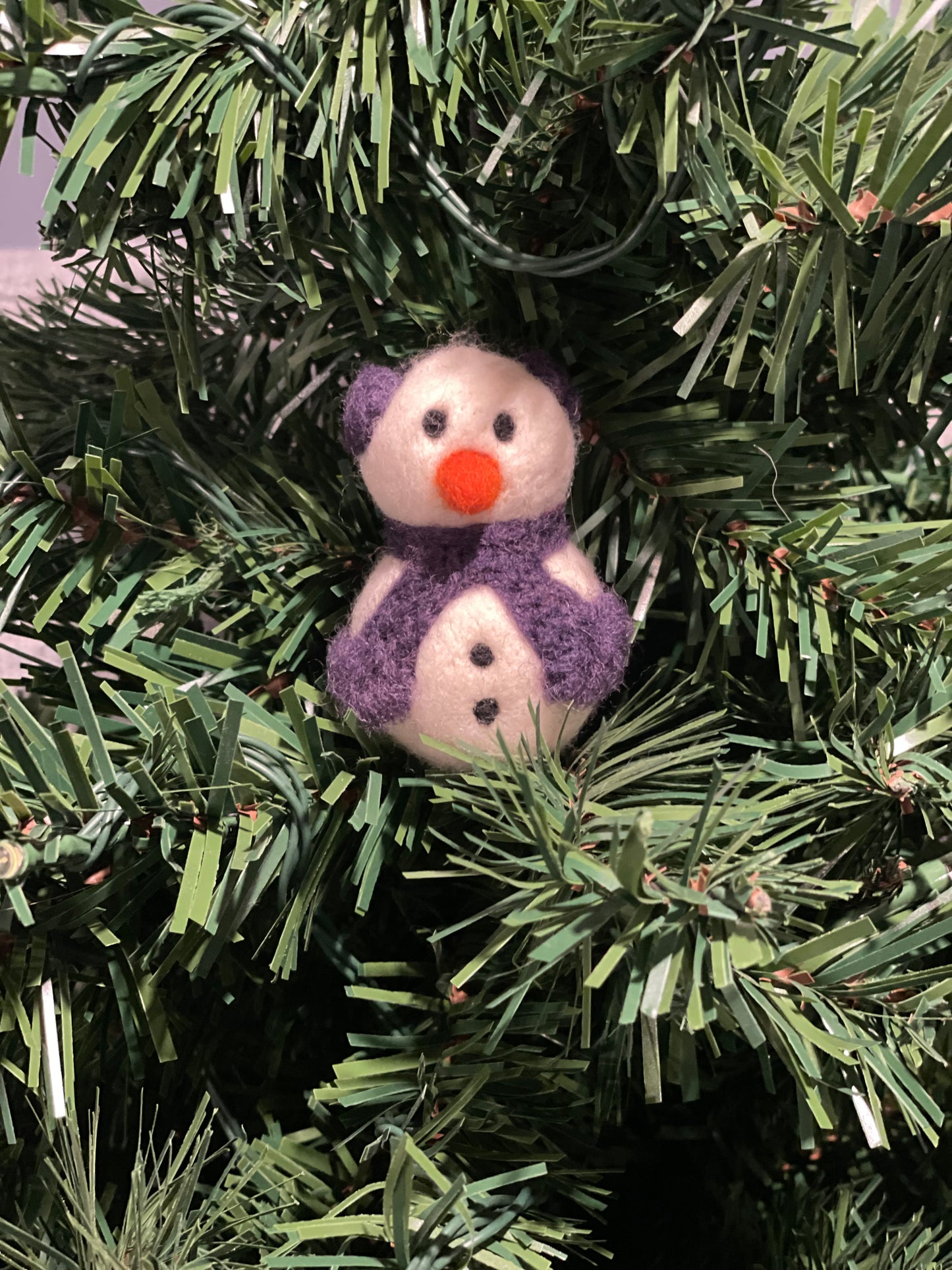 Needle Felted Christmas Ornament Snow Person with Purple Ear Muffs and Scarf