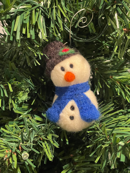 Needle Felted Christmas Ornament Snow Person with Top Hat and Royal Blue Scarf