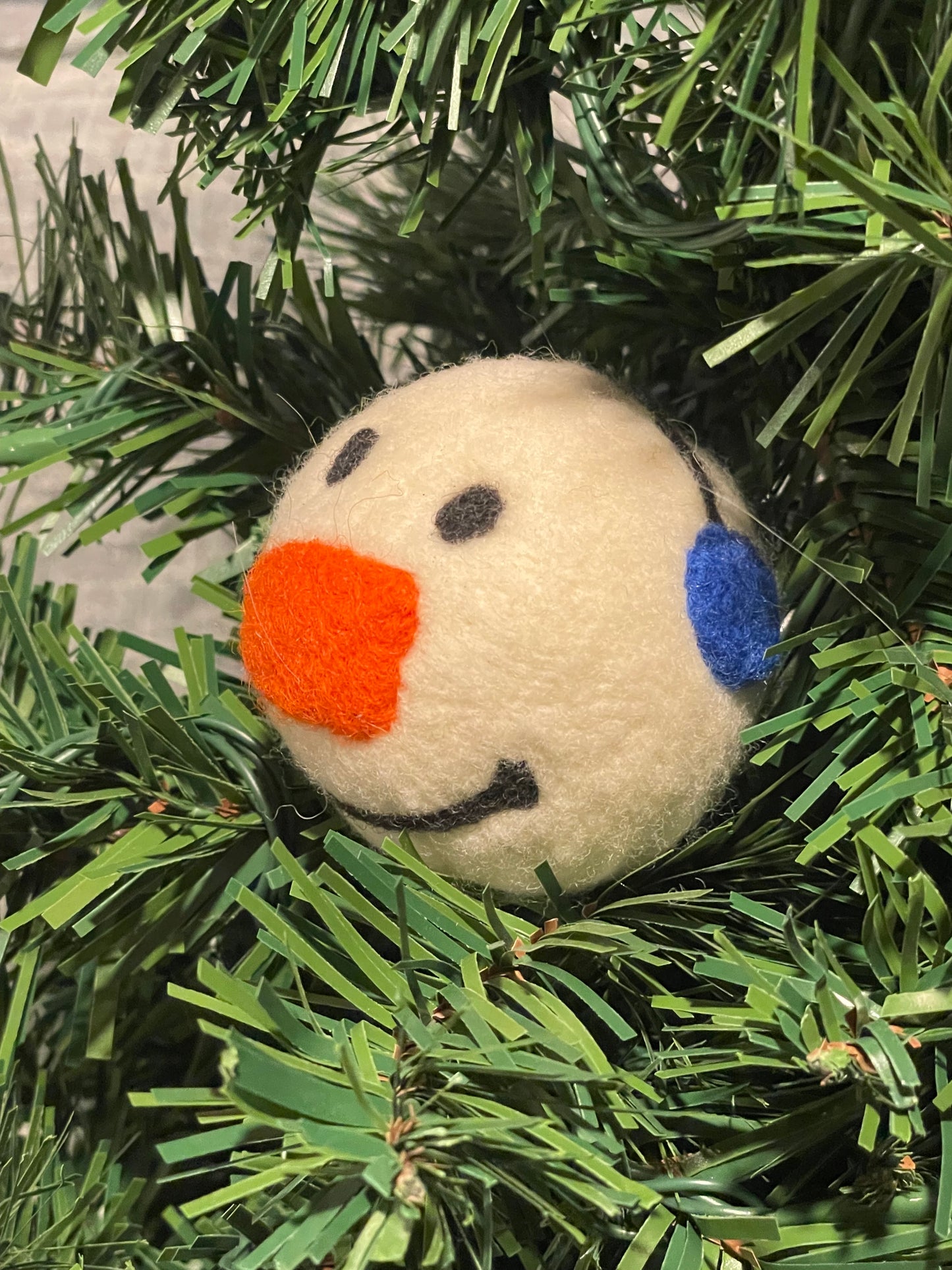 Needle Felted Christmas Ornament Snow Person with Royal Blue Ear Muffs