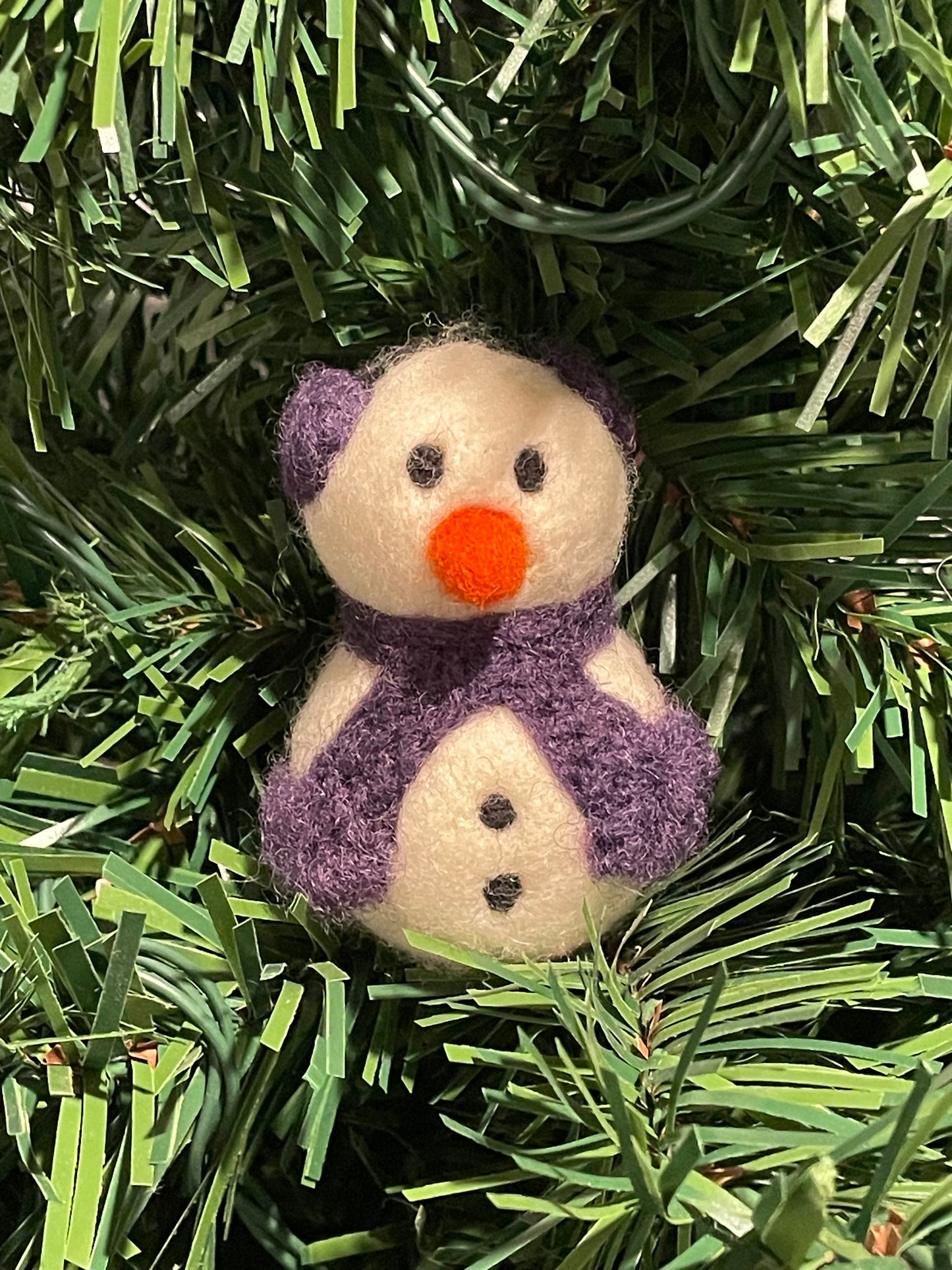 Needle Felted Christmas Ornament Snow Person with Purple Ear Muffs and Scarf