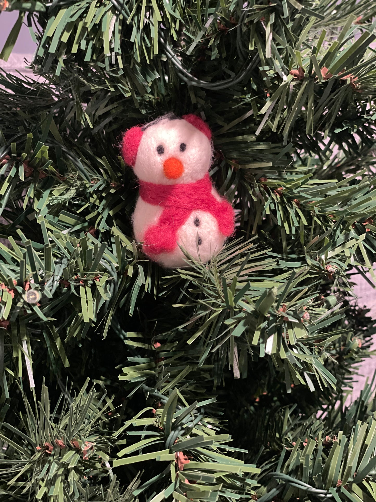 Needle Felted Christmas Ornament Snow Person with Fuchsia Ear Muffs and Scarf