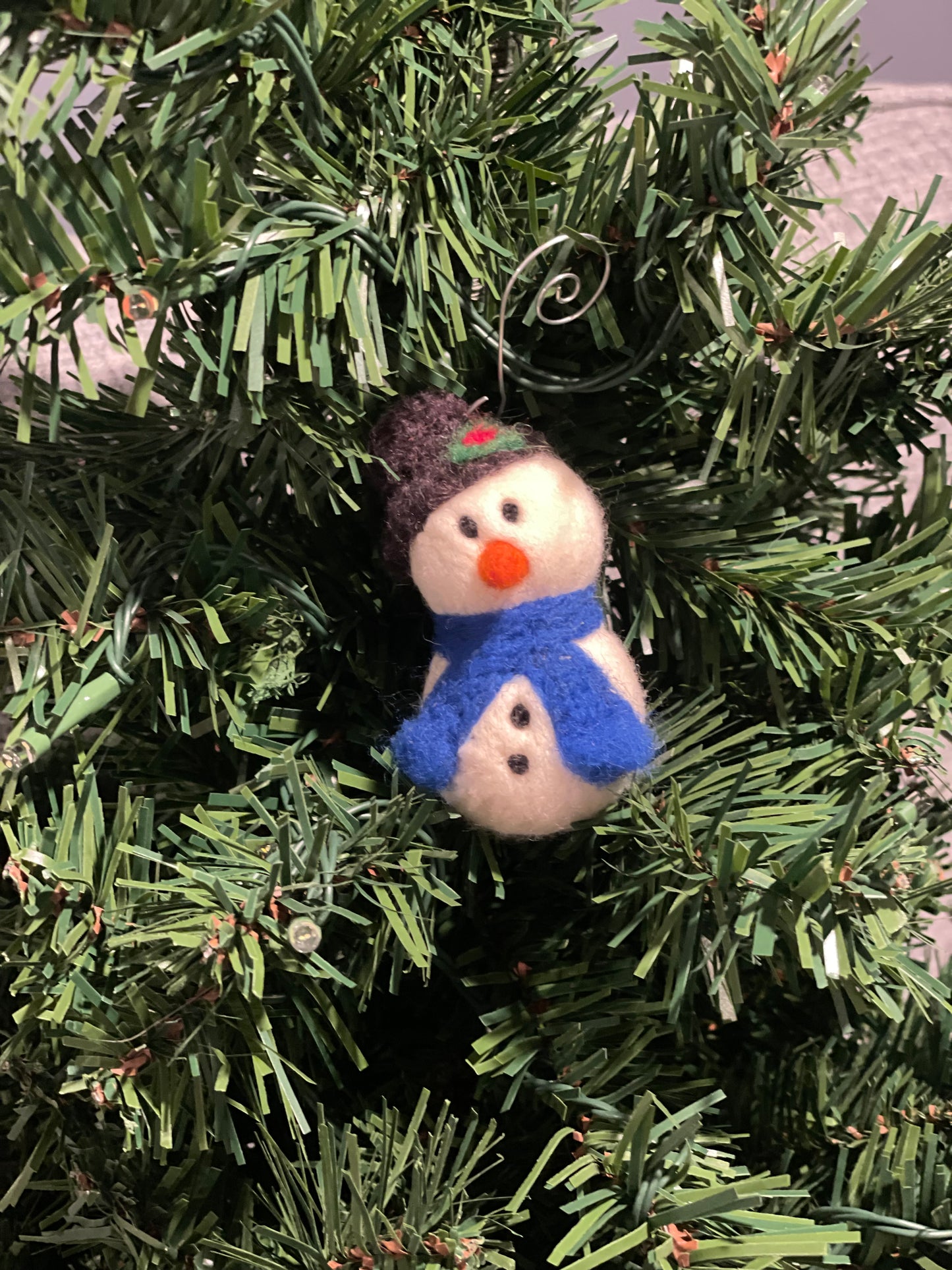 Needle Felted Christmas Ornament Snow Person with Top Hat and Royal Blue Scarf